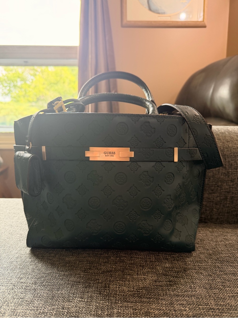 GUESS Black Embossed Monogram Satchel with Gold Plate